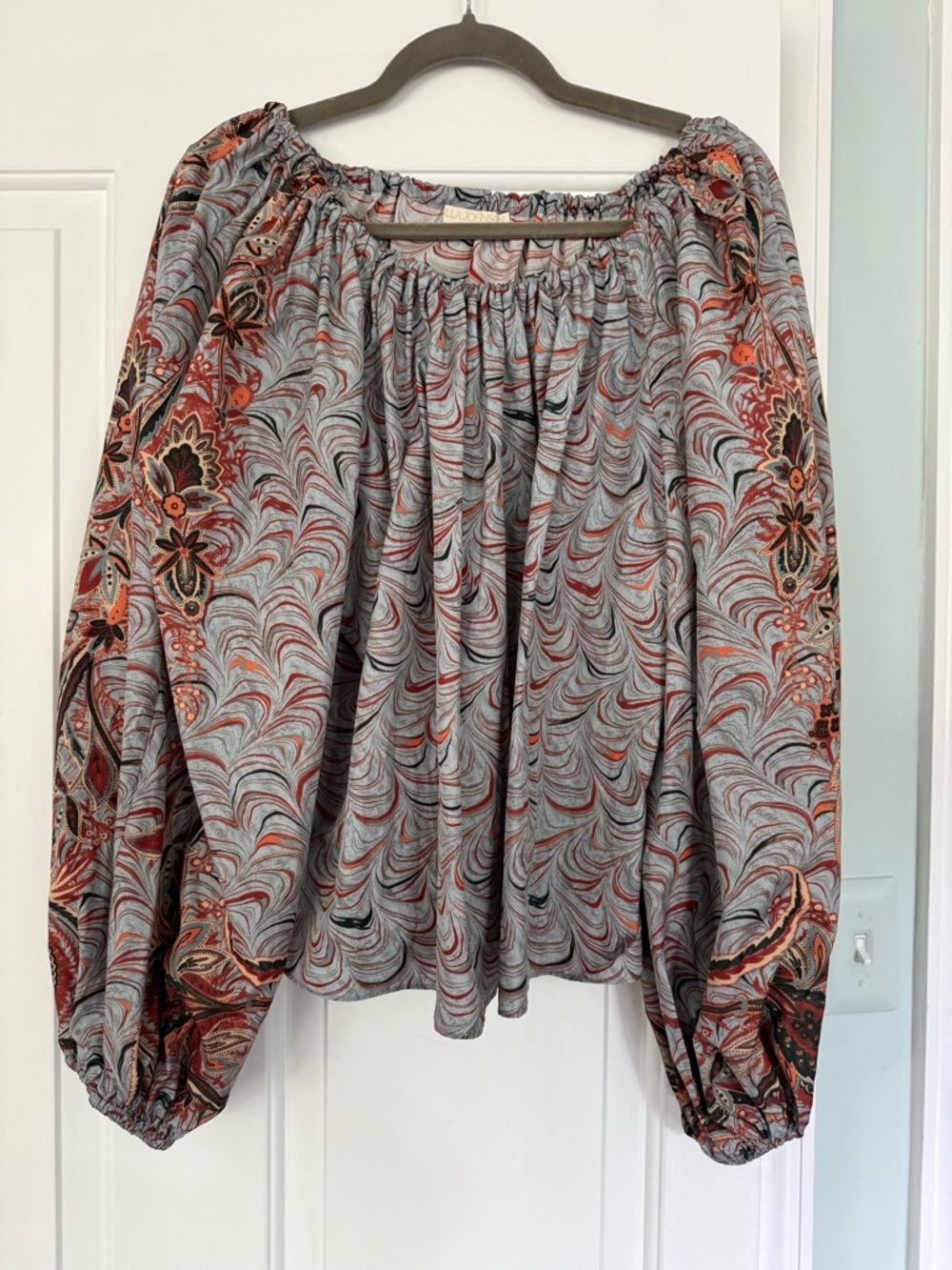 Ulla Johnson Lavinia Balloon Sleeve Blouse with Rust & Black Swirl Print